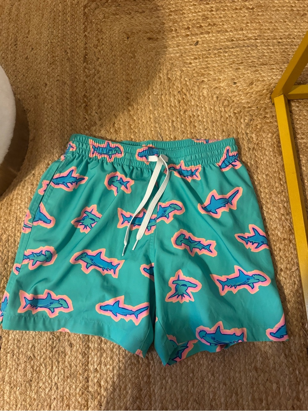 chubbies Teal Swim Trunks with Pink and Blue Shark Print